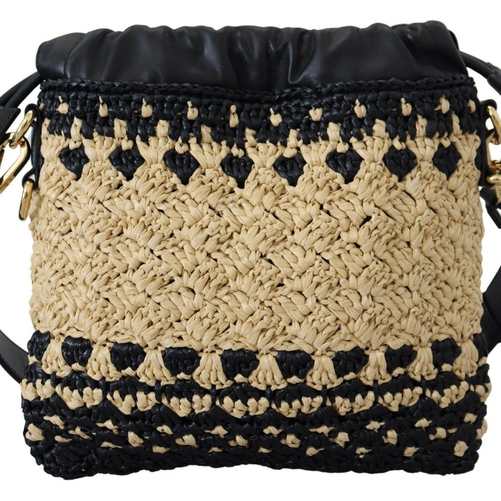 DOLCE & GABBANA Beige Black Raffia Leather Shoulder Hand Purse Bag